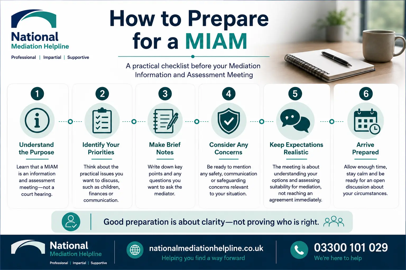 How to prepare for a miam in Cambridge How to prepare for a miam infographics , explaining How to prepare for a miam in Cambridge: Understand how to prepare for a miam in 6 Steps